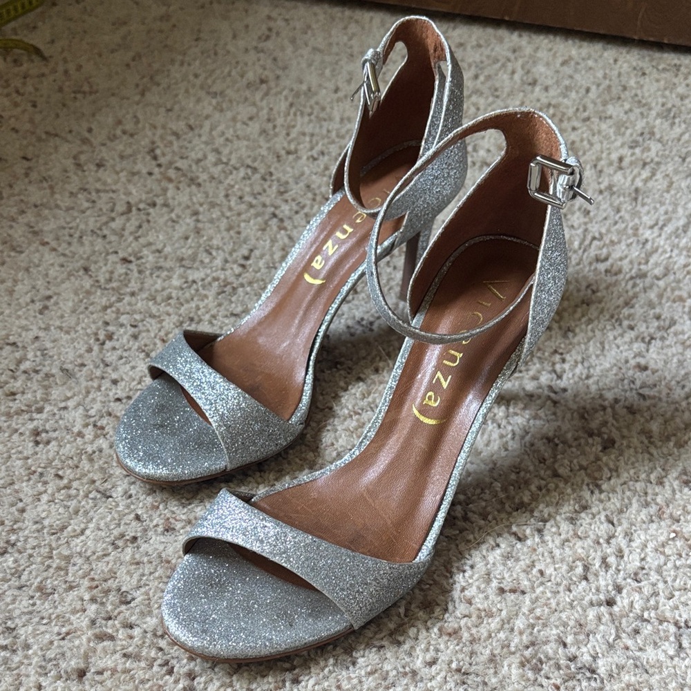 Vinceza Glittering Silver Ankle Strap Heels